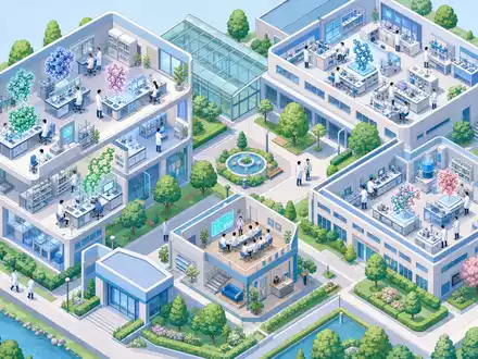 Argenx NL0010832176 isometrische 3D-Ansicht eines modernen Biotech-Forschungscampus mit Schnittlaboren und schwebenden Proteinmodellen - Foto: THN