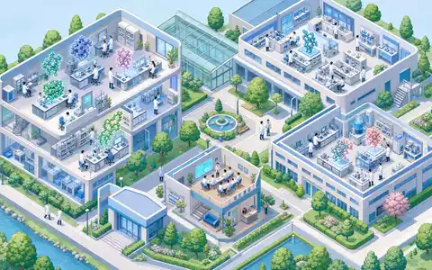 Argenx NL0010832176 isometrische 3D-Ansicht eines modernen Biotech-Forschungscampus mit Schnittlaboren und schwebenden Proteinmodellen - Foto: THN