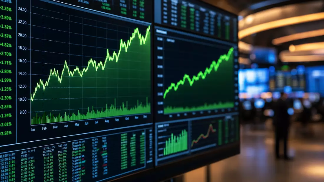 Redaktionelles Börsenfoto: Leuchtende Handelsdisplays mit grünen Aufwärtskurven im Biotech-Sektor, verschwommener Handelssaal im Hintergrund, Atmosphäre des Finanzjournalismus