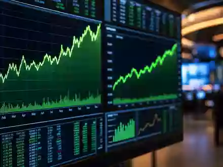 Argenx NL0010832176 leuchtende Handelsbildschirme an der Euronext zeigen steigende grüne Kurven für Biotech-Aktien - Foto: THN