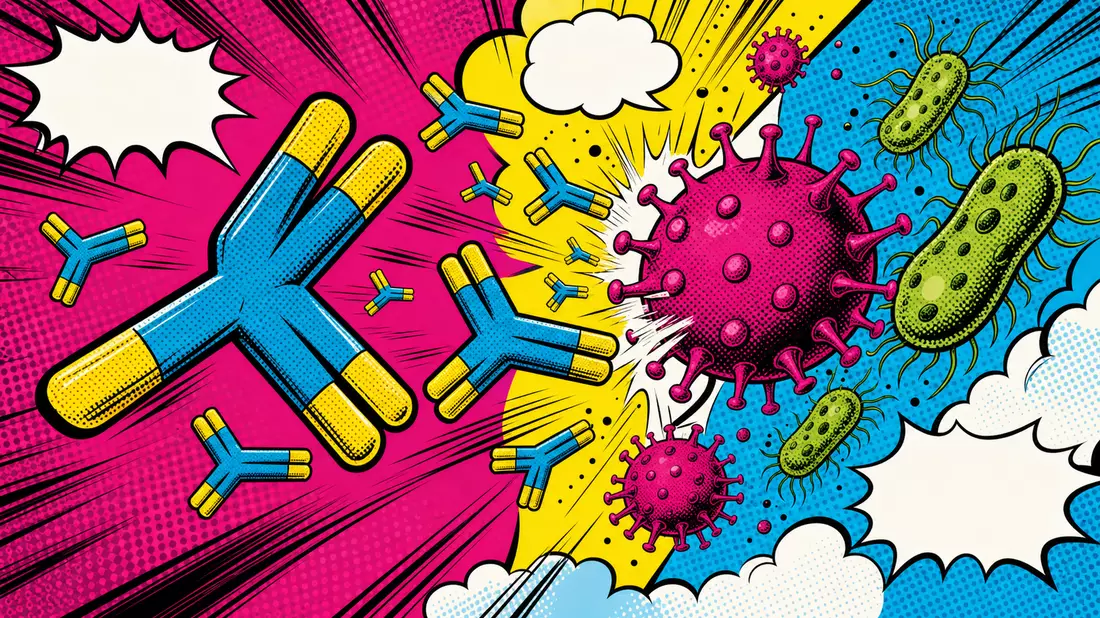 Pop-Art-Comic im Lichtenstein-Stil: Stilisierte Antikörper kämpfen gegen Viren, knalliges Magenta Gelb Cyan und Schwarz, Halbtonpunkte, dynamische Diagonale, keine Texte