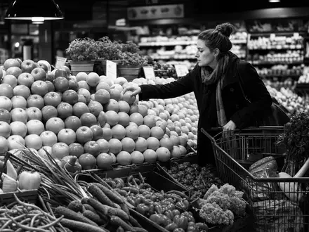 Ahold NL0011794037 Schwarz Weiss Reportage aus der Obst und Gemüseabteilung eines europäischen Supermarkts - Foto: THN