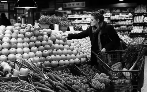 Ahold NL0011794037 Schwarz Weiss Reportage aus der Obst und Gemüseabteilung eines europäischen Supermarkts - Foto: THN