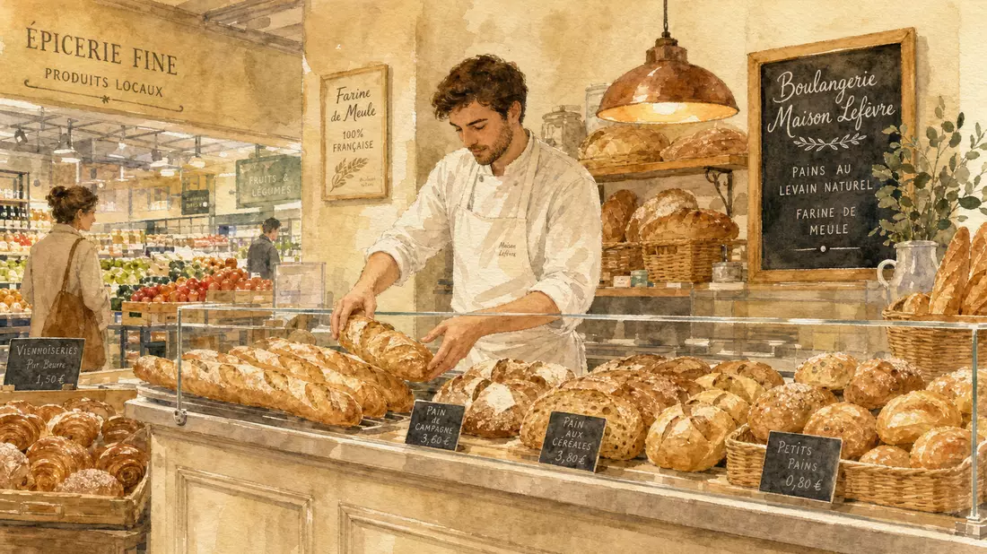 Aquarellillustration einer Bake-off-Theke im Lebensmittelhandel – ein Bäcker in weißer Schürze legt frische Brote und Baguettes in die Auslage, zarte Pastelltöne und sichtbare Pinselstruktur