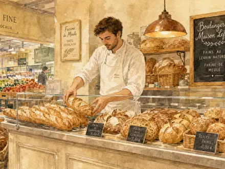 Ahold NL0011794037 Aquarell einer Bake off Theke mit frischen Broten und Baguettes in Pastelltönen - Foto: THN