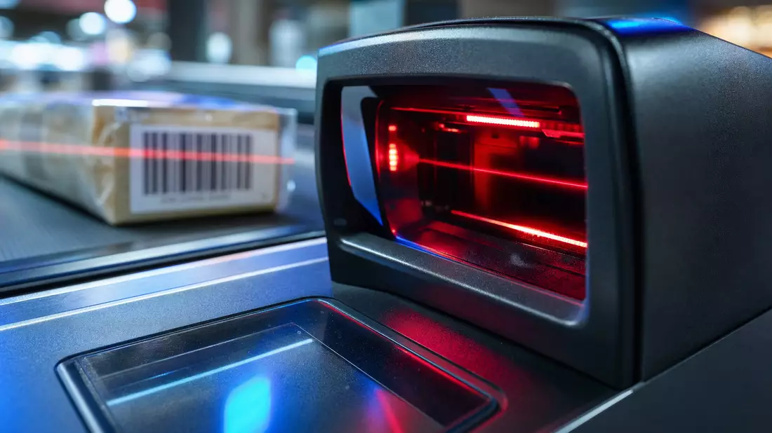 Extremes Makrofoto eines Barcodescanners an der Supermarktkasse – roter Laserstrahl streift über ein