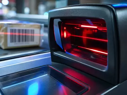 Ahold NL0011794037 Makro Nahaufnahme des roten Laserstrahls am Kassenscanner eines europäischen Supermarkts - Foto: THN