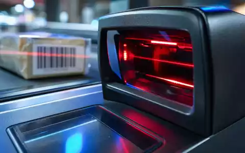 Ahold NL0011794037 Makro Nahaufnahme des roten Laserstrahls am Kassenscanner eines europäischen Supermarkts - Foto: THN