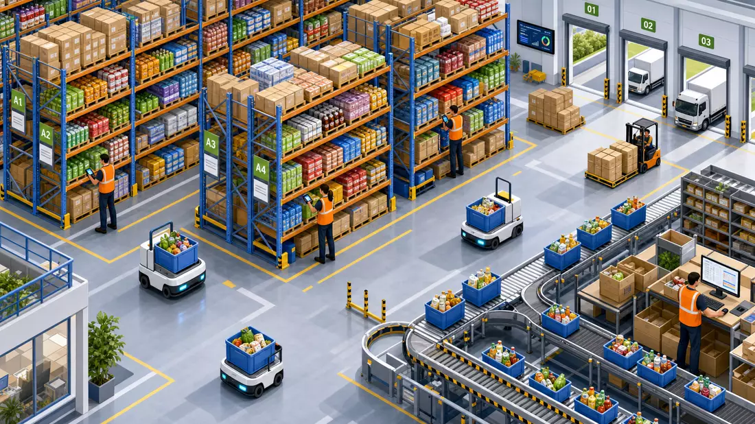 Isometrische 3D-Illustration eines E-Commerce-Fulfillment-Lagers: Mitarbeiter in Warnwesten picken Bestellungen mit Handscannern von hohen Regalen, Förderbänder und autonome Transportwagen