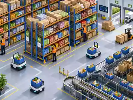 Ahold NL0011794037 isometrisches 3D Bild eines E Commerce Fulfillment Lagers mit Pickern und Förderbändern - Foto: THN