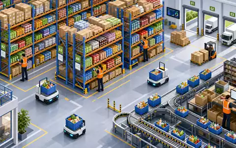 Ahold NL0011794037 isometrisches 3D Bild eines E Commerce Fulfillment Lagers mit Pickern und Förderbändern - Foto: THN