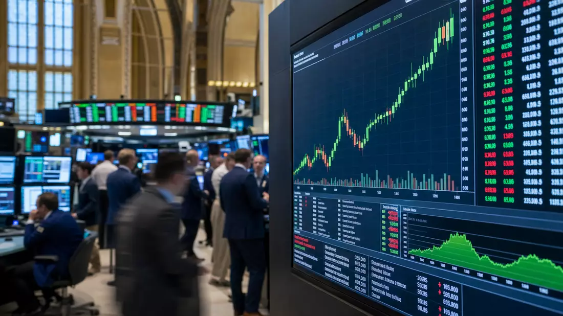 Börsen-Editorial: Handelssaal einer europäischen Börse mit verschwommenen Tradern und einem großen Monitor mit grünen Candlestick-Charts und Kursdaten im Vordergrund