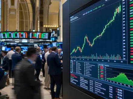 Ahold NL0011794037 Börsen Editorial Handelssaal Euronext Amsterdam mit Aktien Charts auf großen Bildschirmen - Foto: THN