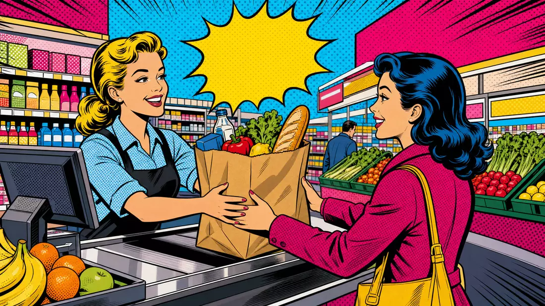 Pop-Art-Comicszene: Kassiererin übergibt strahlend lächelnd eine Papiertüte mit Lebensmitteln an eine Kundin, kräftige Rasterdruckpunkte und Primärfarben im Retrostil der 1960er Jahre