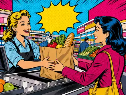 Ahold NL0011794037 Pop Art Comic einer Kassenszene mit kräftigen Farben Rasterprint und Retro Ästhetik - Foto: THN
