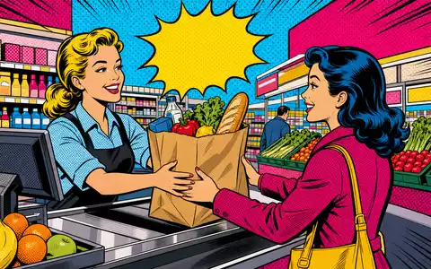 Ahold NL0011794037 Pop Art Comic einer Kassenszene mit kräftigen Farben Rasterprint und Retro Ästhetik - Foto: THN