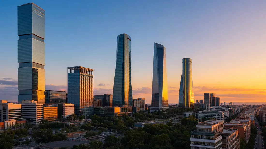 Fotorealistisches Panorama der Madrider Skyline bei goldenem Abendlicht