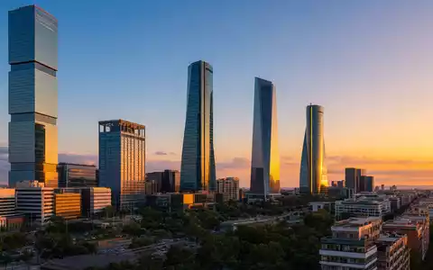 Fotorealistische Madrider Skyline bei Sonnenuntergang symbolisiert Geschäftssitz von BBVA (Banco Bilbao) ISIN ES0113211835 international - Foto: THN