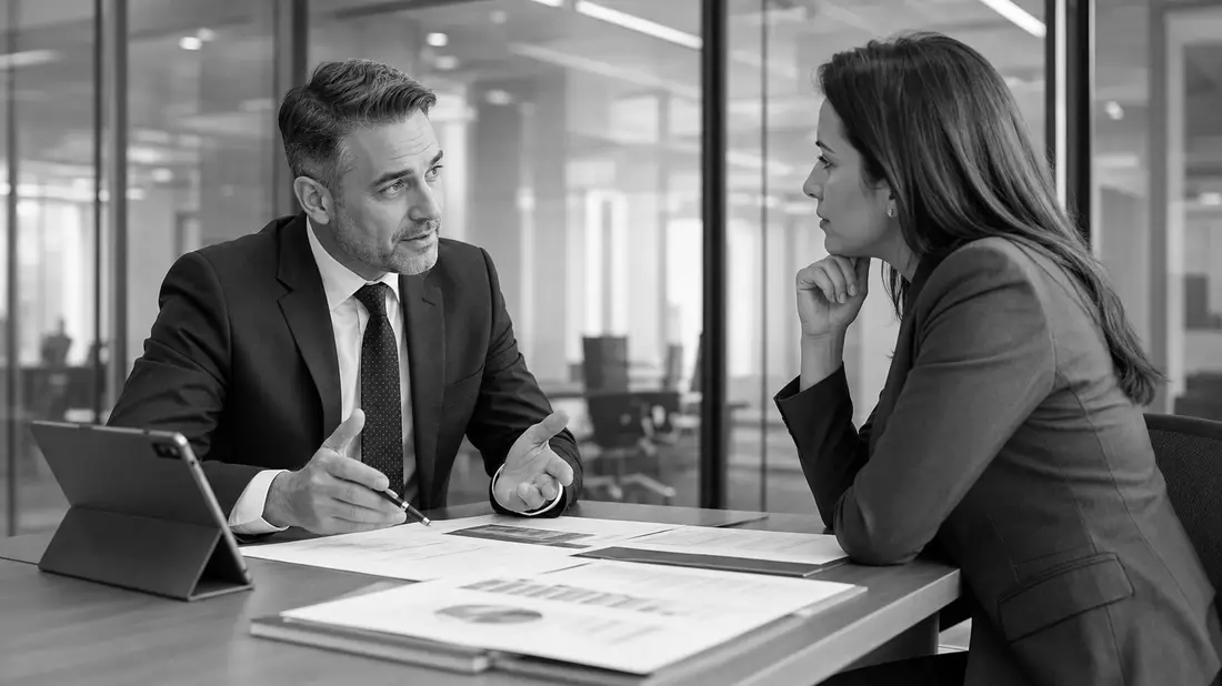 Black and white photo of banker consulting businesswoman with documents and tablet