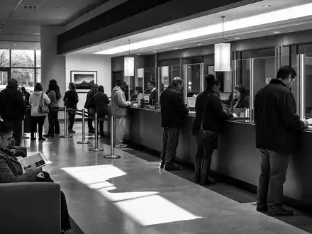 Schwarz-Weiß-Reportage einer Bankfiliale zeigt Kundenservice-Alltag der spanischen Großbank BBVA (Banco Bilbao) ISIN ES0113211835 - Foto: THN