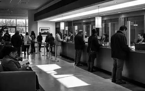 Schwarz-Weiß-Reportage einer Bankfiliale zeigt Kundenservice-Alltag der spanischen Großbank BBVA (Banco Bilbao) ISIN ES0113211835 - Foto: THN