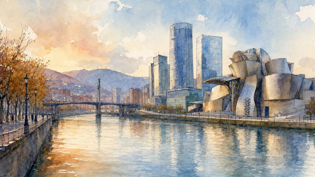 Aquarell-Panorama der Bilbao-Flussskyline mit Guggenheim-Museum