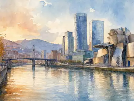 Aquarellgemälde der Bilbao-Flussskyline mit Guggenheim verweist auf Gründungsort von BBVA (Banco Bilbao) ISIN ES0113211835 - Foto: THN