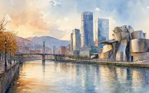 Aquarellgemälde der Bilbao-Flussskyline mit Guggenheim verweist auf Gründungsort von BBVA (Banco Bilbao) ISIN ES0113211835 - Foto: THN