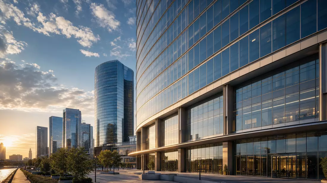 Photorealistisches Architektur-Render einer gläsernen Banktürme-Skyline