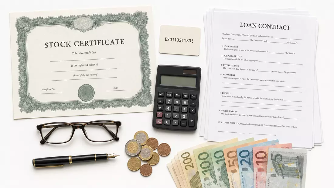 Draufsicht-Flatlay mit Aktienzertifikat, ISIN-Karte und Finanzutensilien