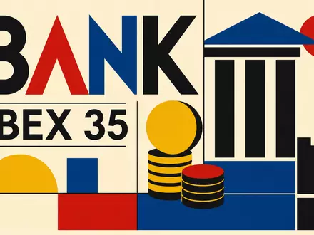 Bauhaus-Poster mit BANK und IBEX 35 Schriftzug zeigt Börsennotierung von BBVA (Banco Bilbao) ISIN ES0113211835 - Foto: THN