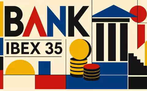Bauhaus-Poster mit BANK und IBEX 35 Schriftzug zeigt Börsennotierung von BBVA (Banco Bilbao) ISIN ES0113211835 - Foto: THN