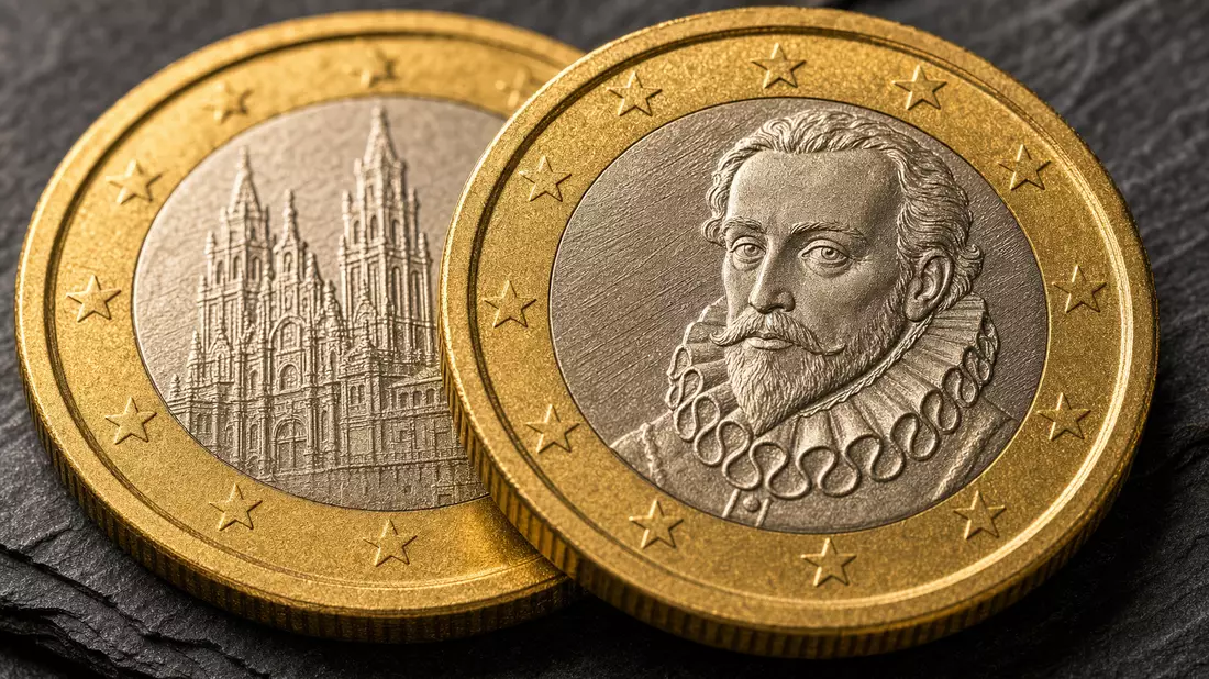 Extreme close-up of Spanish euro coins showing Cervantes portrait engraving