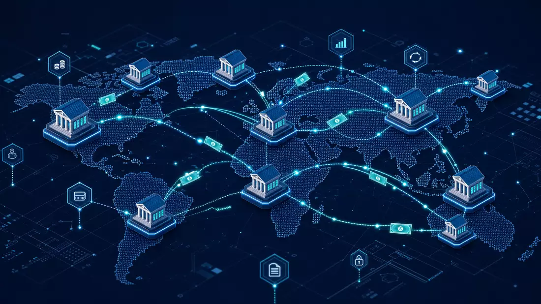 Isometrische 3D-Illustration eines globalen Bankennetzwerk-Diagramms
