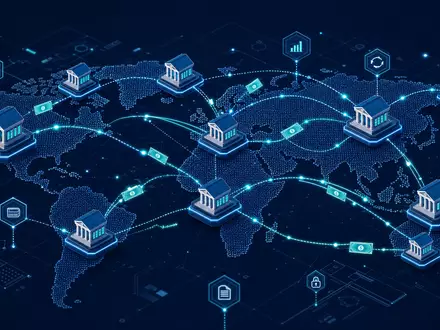 Isometrisches 3D-Diagramm eines globalen Bankennetzwerks zeigt internationale Reichweite von BBVA (Banco Bilbao) ISIN ES0113211835 - Foto: THN