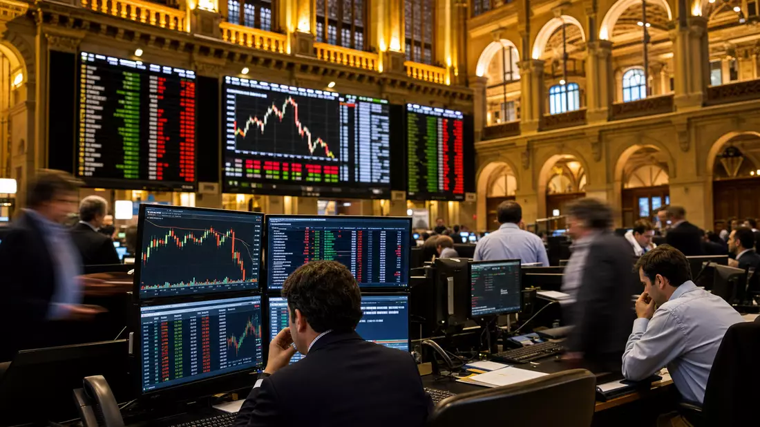 Editorial-Foto belebter Madrider Börse mit IBEX-35-Kursdiagrammen