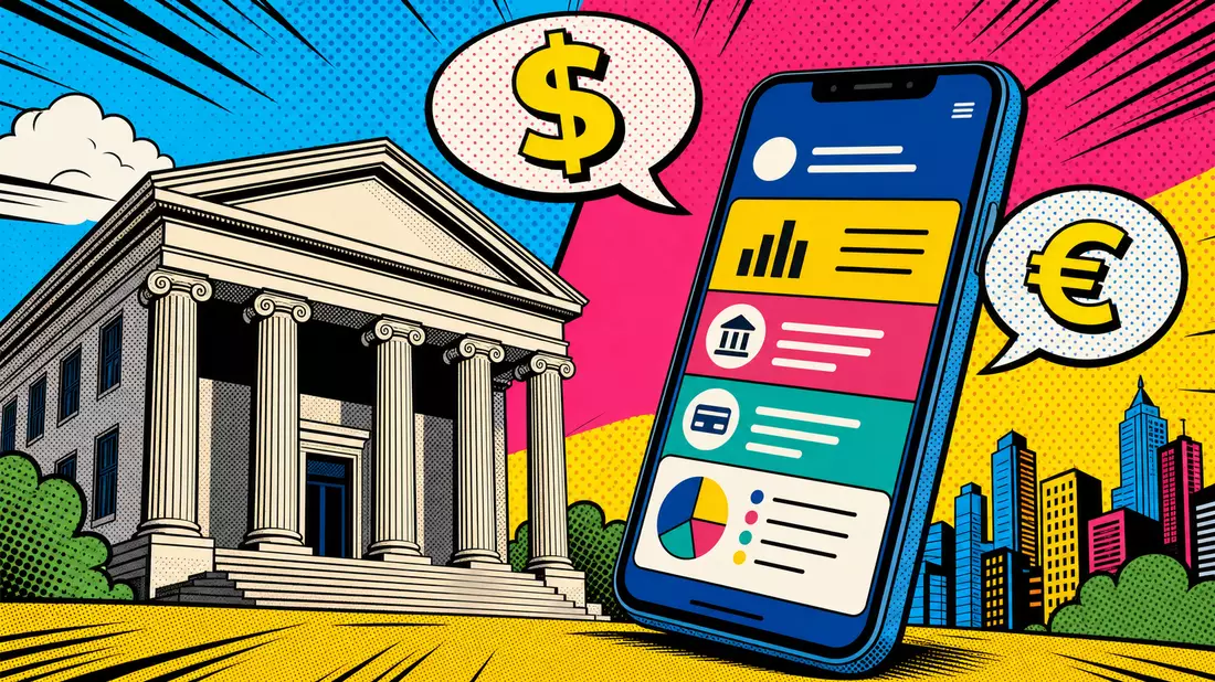 Pop-Art-Illustration eines Bankgebäudes mit stilisierter Banking-App