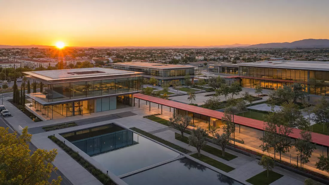 Modern bank campus with glass pavilions at sunset, Spanish suburban landscape