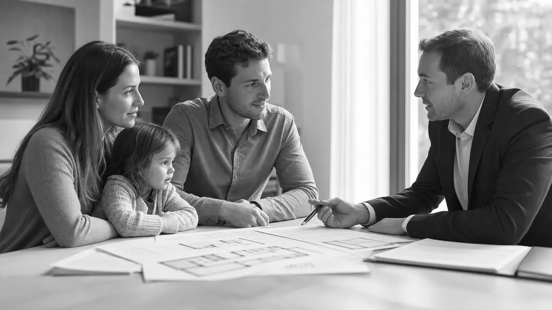 Black and white photo of young family meeting bank advisor with house plans