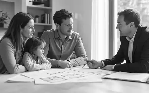 Santander ES0113900019 young family consulting a banker reviewing mortgage and house purchase documents - Foto: THN