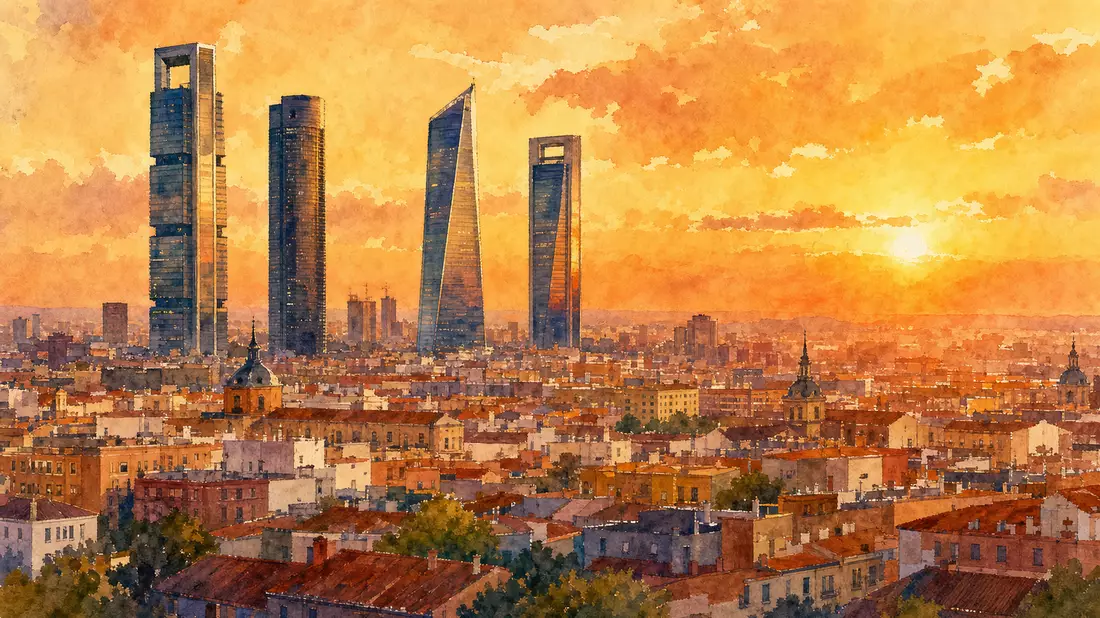 Watercolor painting of Madrid skyline with Cuatro Torres at golden sunset