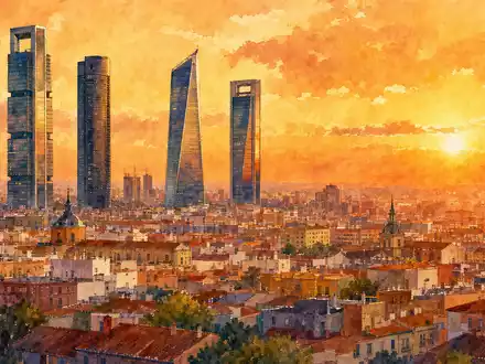 Santander ES0113900019 watercolor Madrid skyline featuring Cuatro Torres in warm golden light - Foto: THN