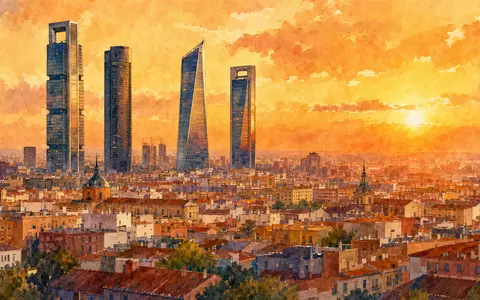 Santander ES0113900019 watercolor Madrid skyline featuring Cuatro Torres in warm golden light - Foto: THN