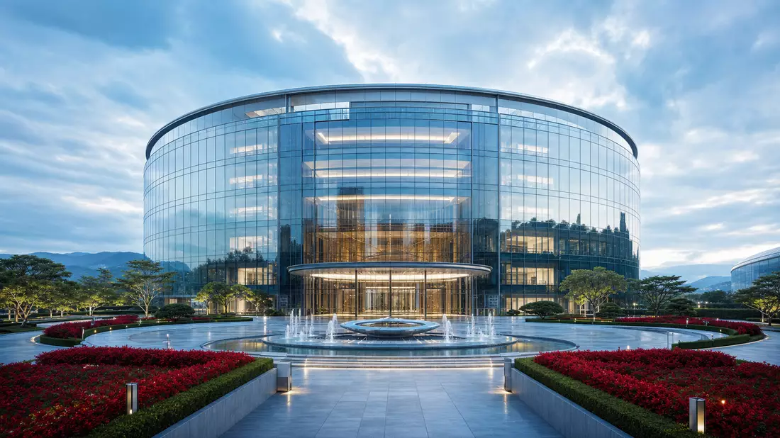 Architectural render of circular glass bank headquarters with fountain and red gardens