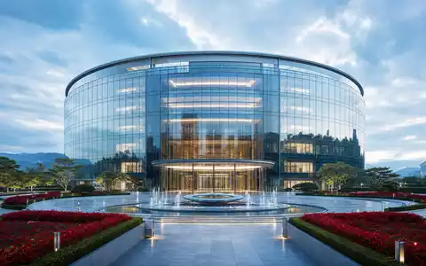 Santander ES0113900019 circular glass headquarters building with red garden and fountain plaza - Foto: THN