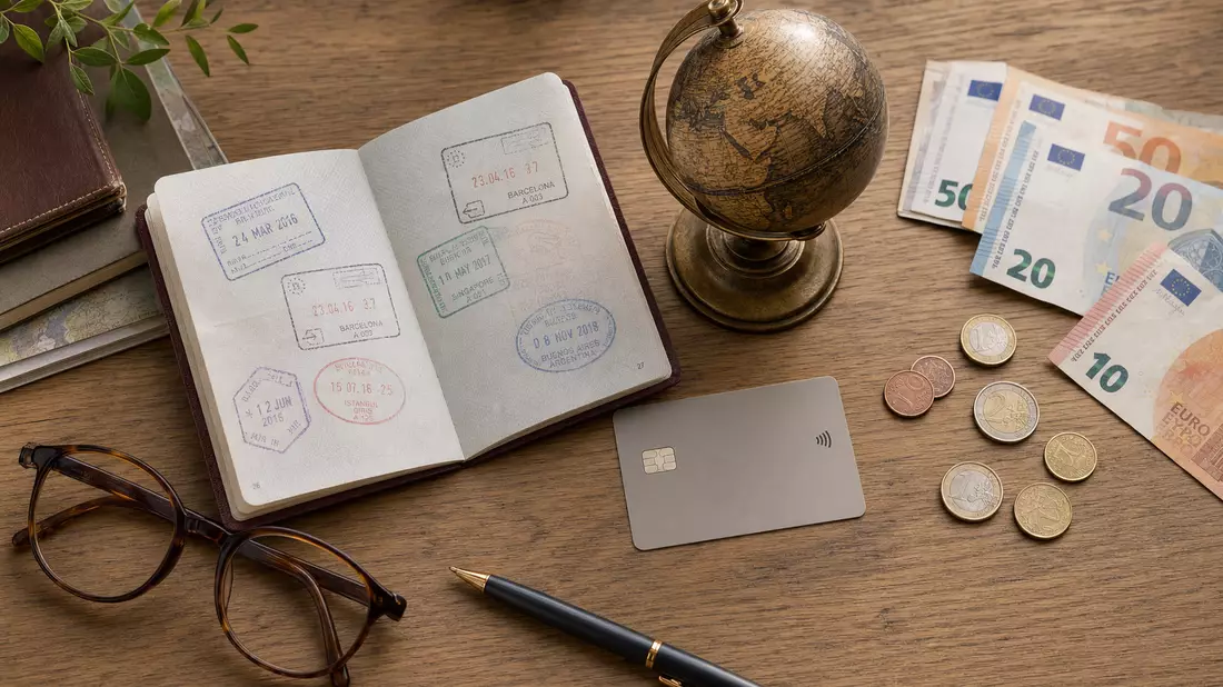 Flatlay of passport, globe, bank card, euro cash and glasses on wooden desk