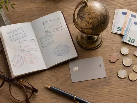 Santander ES0113900019 global banking flatlay passport globe card euro cash on wooden desk - Foto: THN