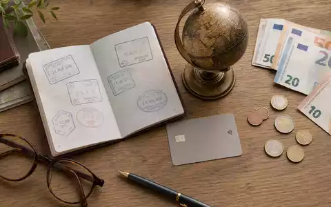 Santander ES0113900019 global banking flatlay passport globe card euro cash on wooden desk - Foto: THN