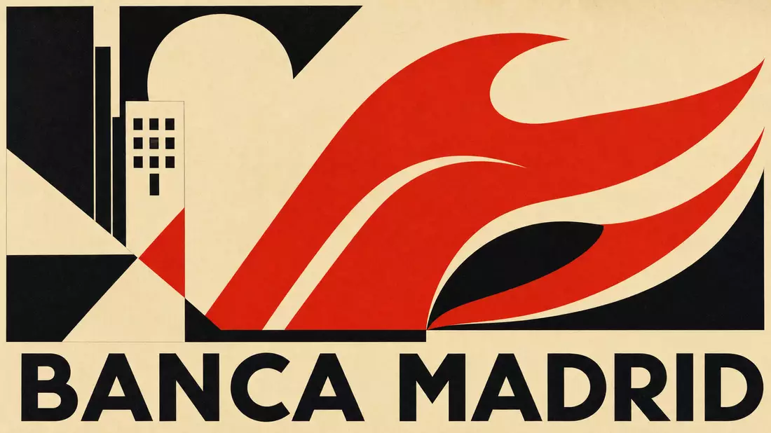 Bauhaus-style poster with abstract red geometric wave and BANCA MADRID text