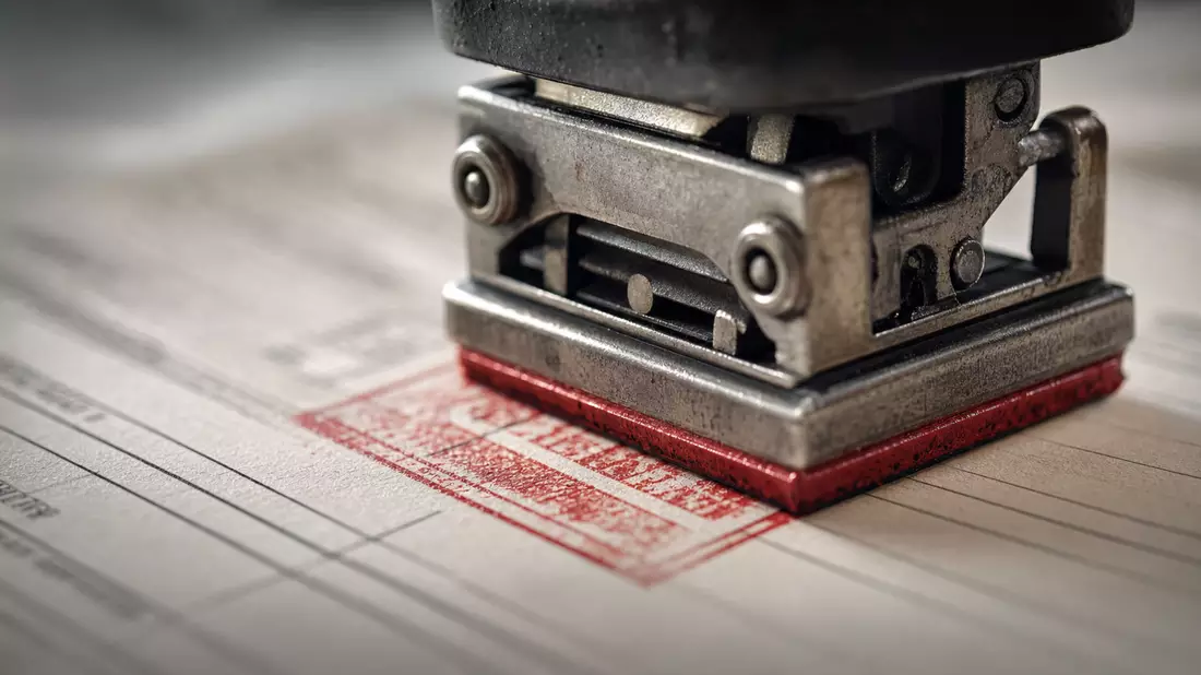Extreme close-up macro of metal bank stamp pressing red ink on banking document